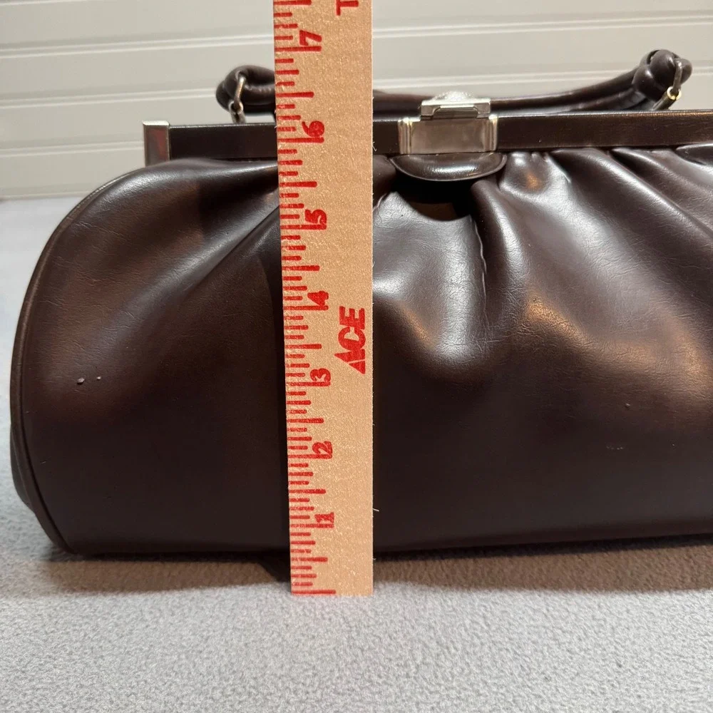 Vintage Mid Century Kiss Lock Satchel Handbag Brown Faux Leather Retro Large
